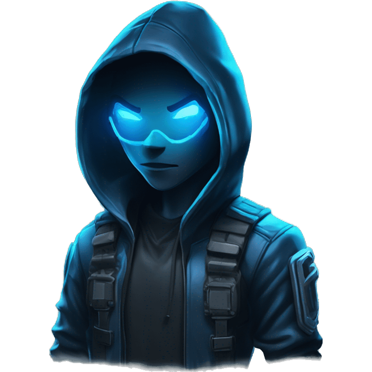 developer behind his laptop with this style : crysis Cyberpunk Riot Games Valorant neon glowing bright blue character blue black hooded assassin themed character emoji