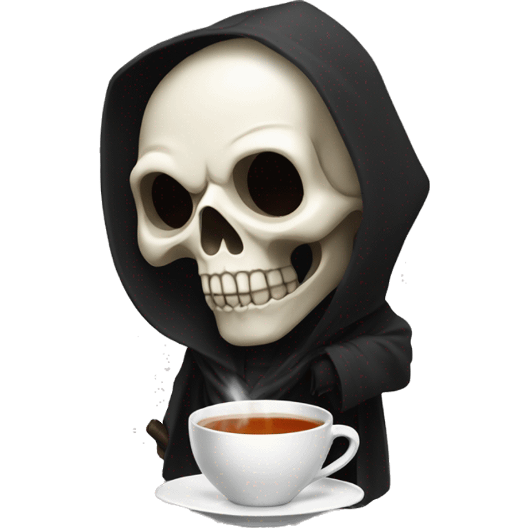 A skull face with white eyes and a black hooded robe drinking tea emoji