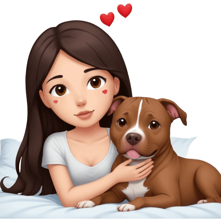 A pretty girl with long dark hair layered  cascading down her face sits on the bed with her brown pit bull  laying beside of her heart is flying all around emoji