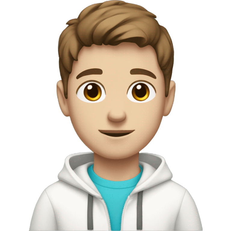 White boy, with brown hair and brown eyes. He wears a white sweatshirt with a cyan heart in the right corner.  emoji