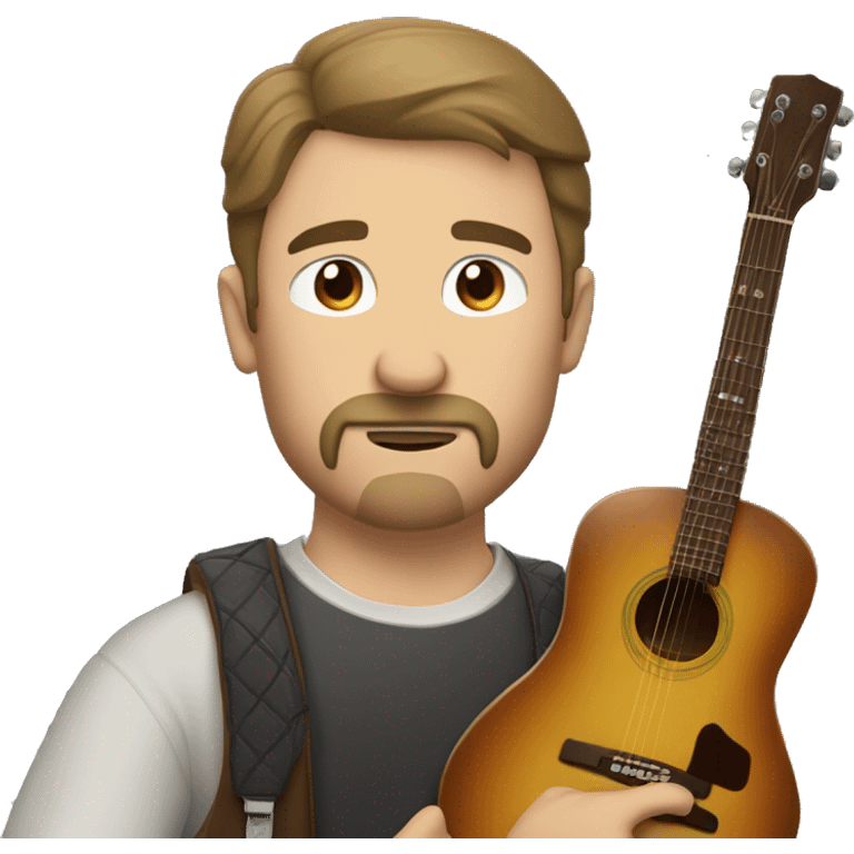 White man with brown mustache and brown little goatee with big brown straight hair and hunched over with a guitar emoji