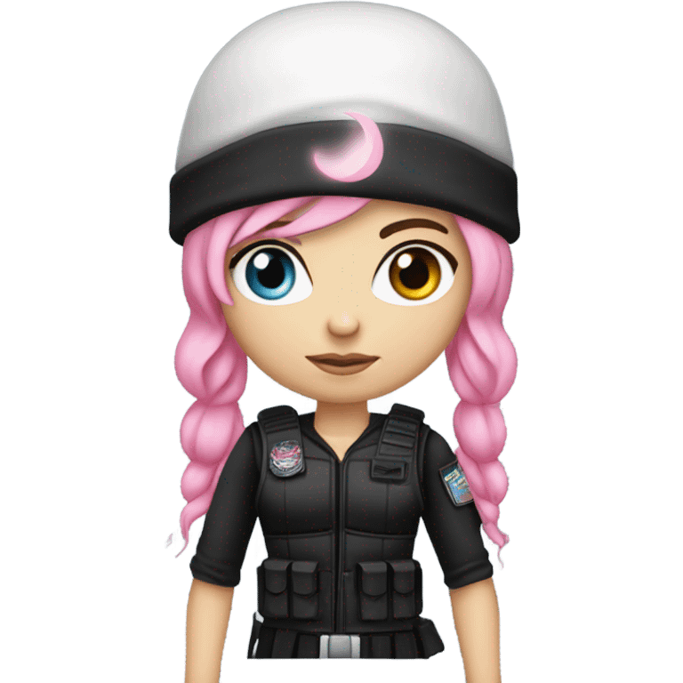 white girl, tactical vest, dark pants, pink hair, blue eyes, black beanie hat with crescent moon on front, black combat boots, bow and arrow emoji