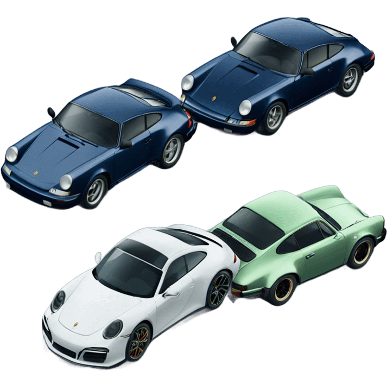 Three CARS porsche 911 cars lined up next to each other all one navy blue one black and one dark green emoji