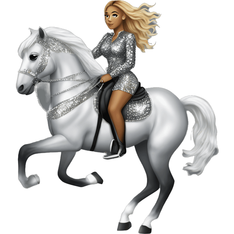 beyonce wearing silver crystal leopard riding silver sparkly horse emoji