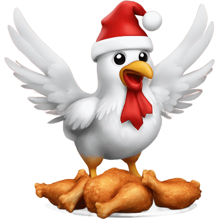 A Christmas chicken eating. Hockey wings saying merry christmas emoji