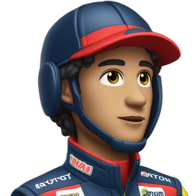 Aytron senna in a dark blue hat and red racing suit emoji