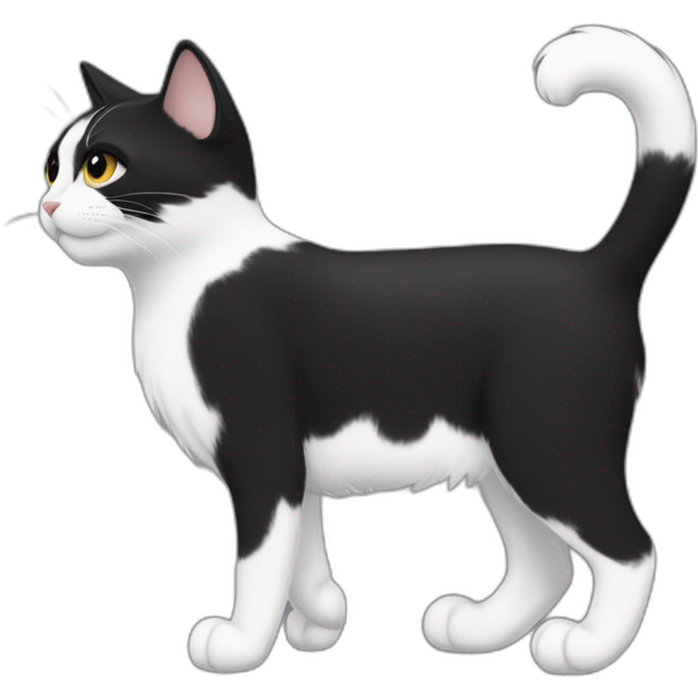 black and white cat walking profile whole body black, whispy fur on tip of ears, white paws and black legs emoji