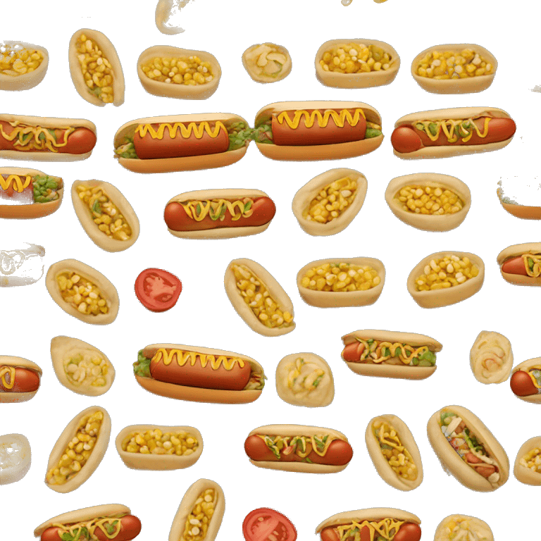 one hotdog with diced tomato, and zigzagging mayonnaise corn and peas and shoestring potatoes emoji