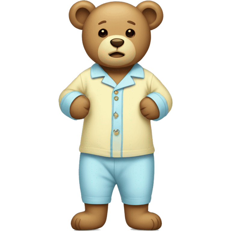 Light brown teddy bear with a light blue Pyjamas, with two light yellow buttons on the pyjamas emoji