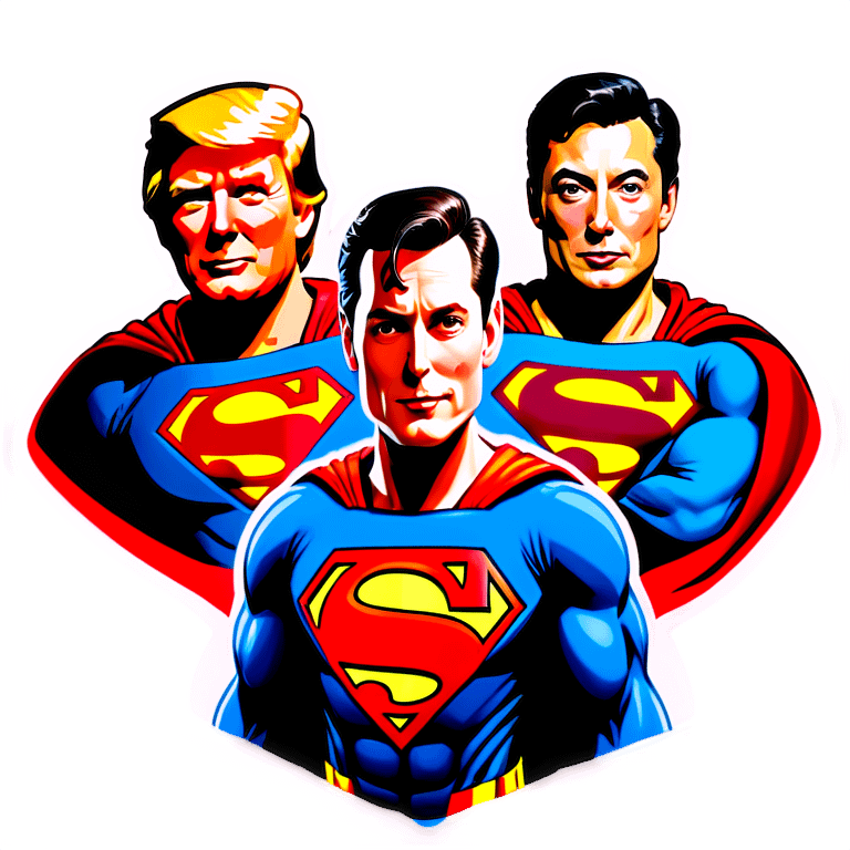 Donal trump as Superman with a with Elon musk as robin emoji