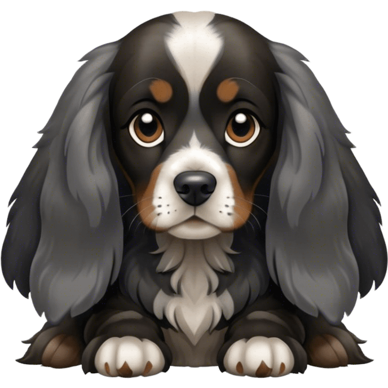 english cocker spaniel black and dark silver with long ears and sitting emoji