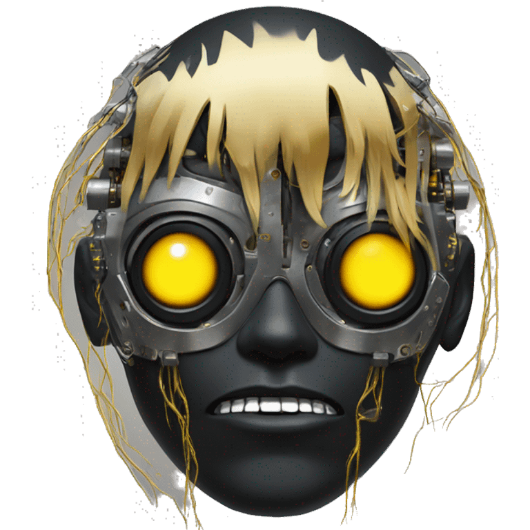 black metal male cyborg head with artificial eyeball, circuitry and wispy yellow gold hair emoji