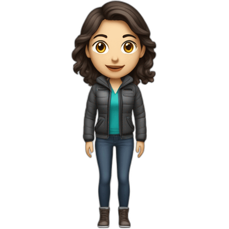 white female data science engineer with dark brown hair in a tech startup wearing a clothing uitable for colder climate emoji