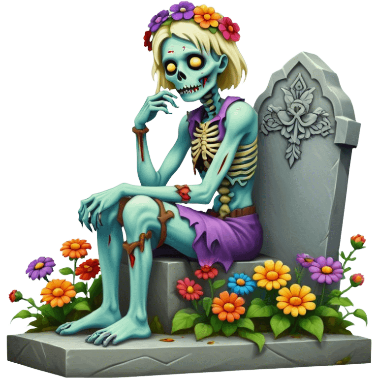 Cinematic ultra detailed 32k HD Psychedelic colored hippie style zombie with flowers sitting on a tombstone emoji