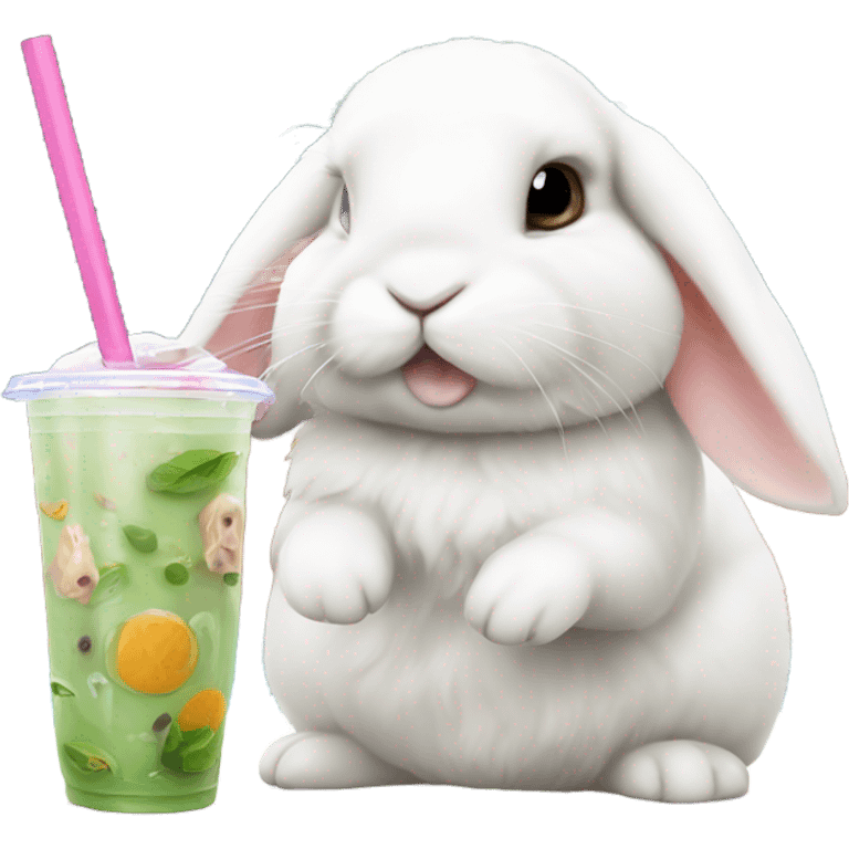 White mini lop rabbit drinking boba tea emoji