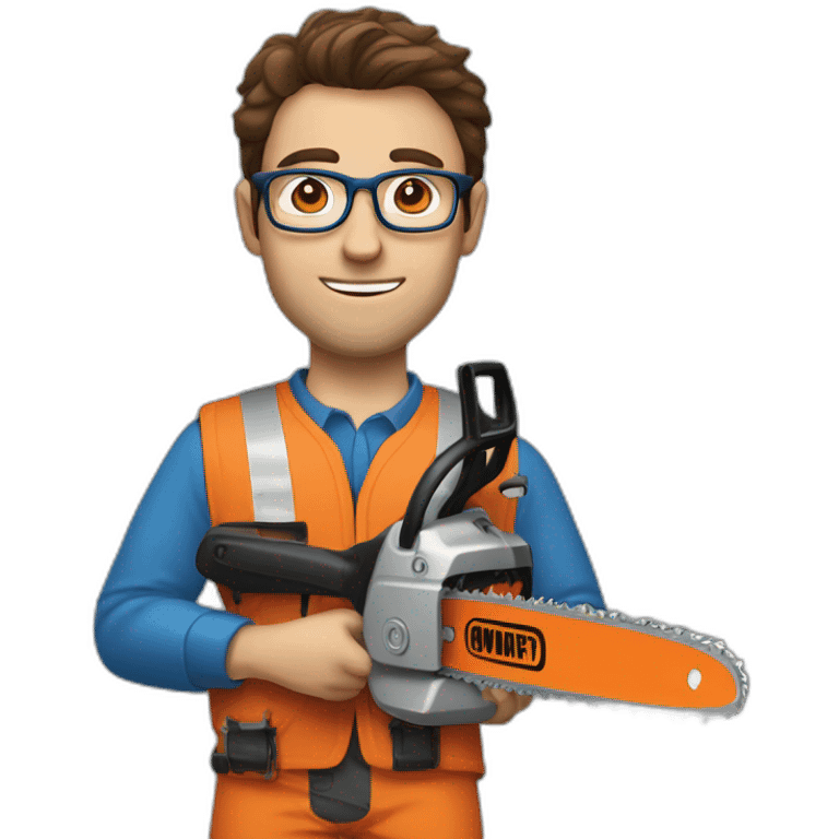 a guy with brown hair, square glasses, an orange repairman's suit, blue eyes, with a chainsaw emoji