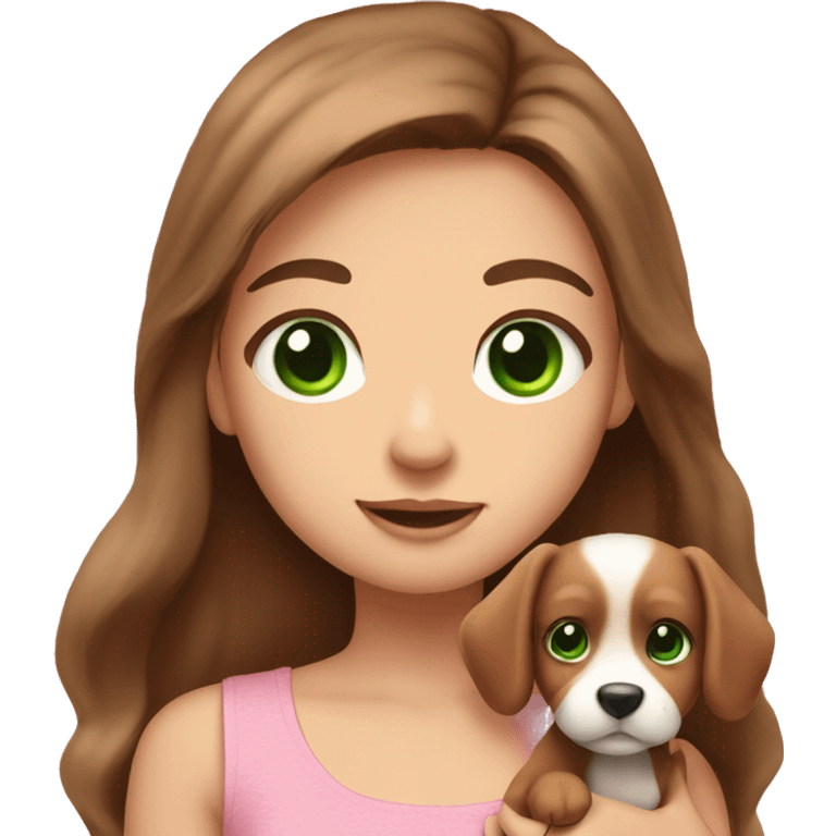 Pretty girl with long brown hair with green eyes holding a very cute puppy show her whole upper body and let her wear a cute pink top emoji