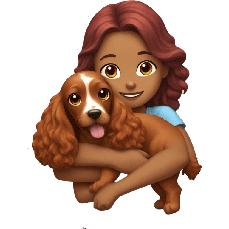 A very cute girl with red hair cuddling a happy caramel-brown English Cocker Spaniel. emoji