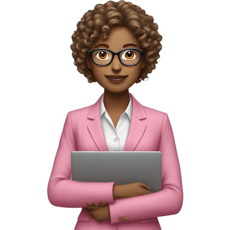 Business women curly hair glasses and wearing a pink suit holding a laptop  emoji