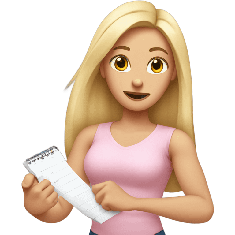 White woman with long blonde hair, wearing a light pink shirt, showing off a completed to do list in one hand, and flexing the muscles in her other arm emoji