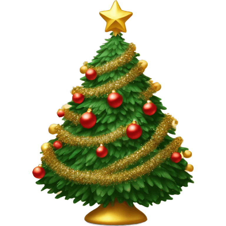 Super twinkly full christmas tree with red and gold decorations and gold tinsel emoji