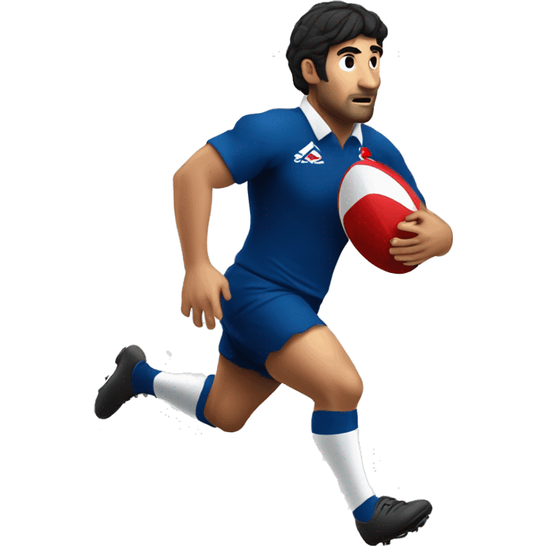 slim french rugby player running holding the ball. black haired  emoji