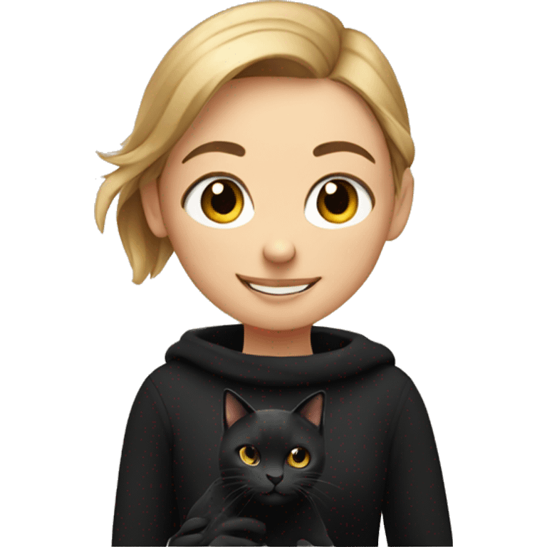 smiling girl in black sweater with cat in hands emoji