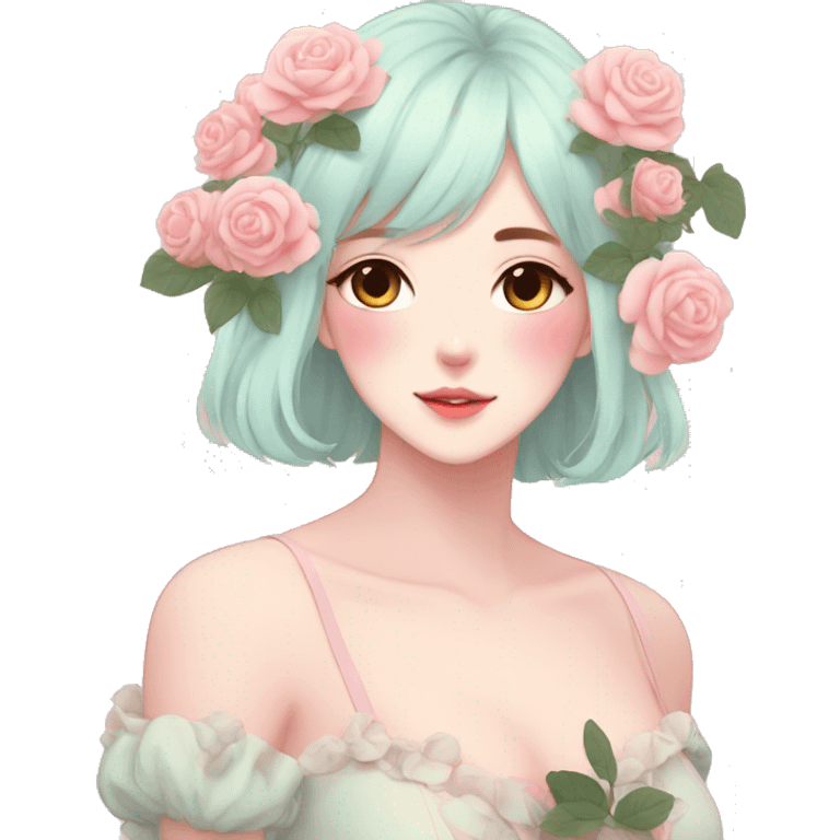 Gorgeous pastel anime style lady with blushing face and roses aesthetic trending style emoji