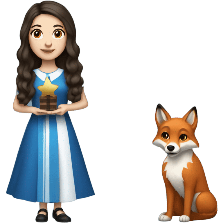 White girl in a dress for Hanukkah with long wavier dark brown hair holding something holiday related with her red fox looking dog  emoji