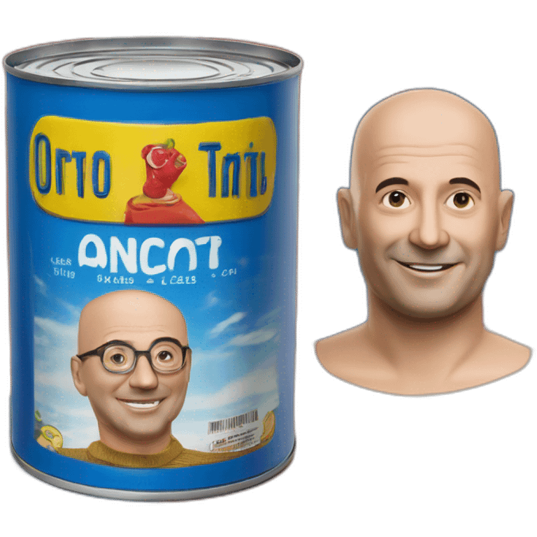 shallow rectangular tin of anchovies, looks like Ortiz brand,  with a photo of a bald man on the side, red blue yello colors emoji