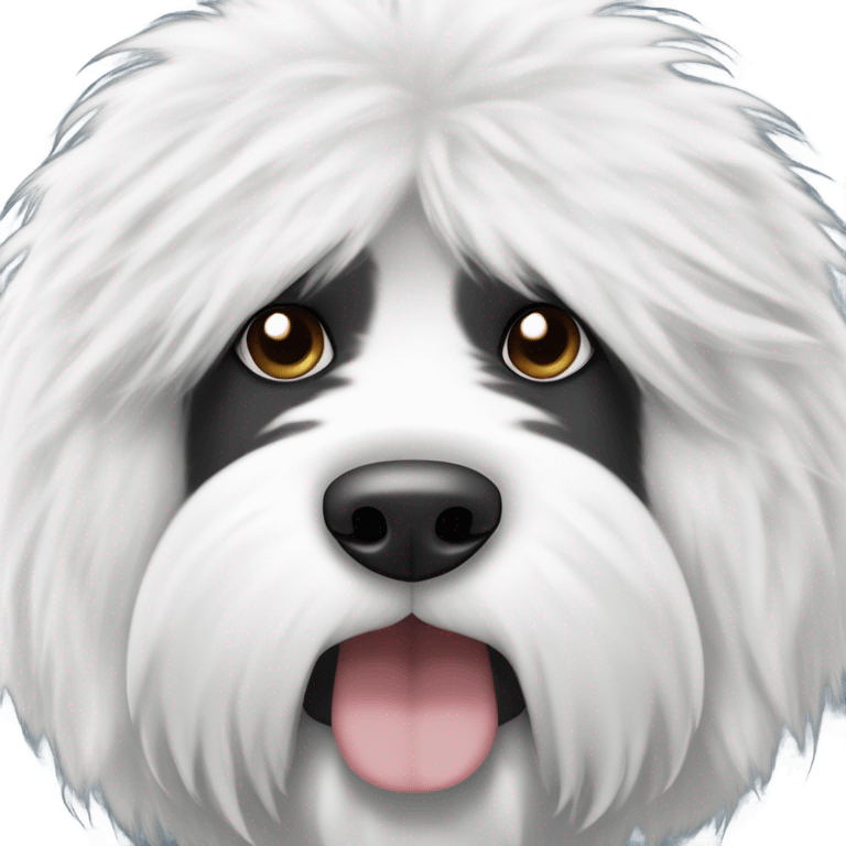 Fluffy Old English sheepdog face with the left half of his face black and the rigbt half of his face white. White around the mouth and nose emoji