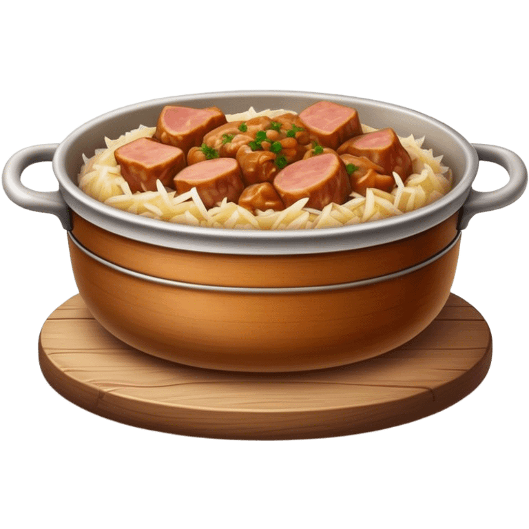 Cinematic Realistic Bigos Dish Emoji, showcasing a hearty stew of sauerkraut and meats rendered with rich textures and dynamic, rustic lighting. emoji