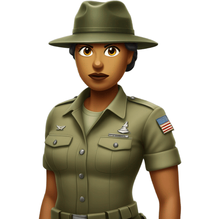 a female drill sergeant character wearing a classic sergeant hat and a camouflage army shirt. The character should have an angry intense expression. full torso emoji