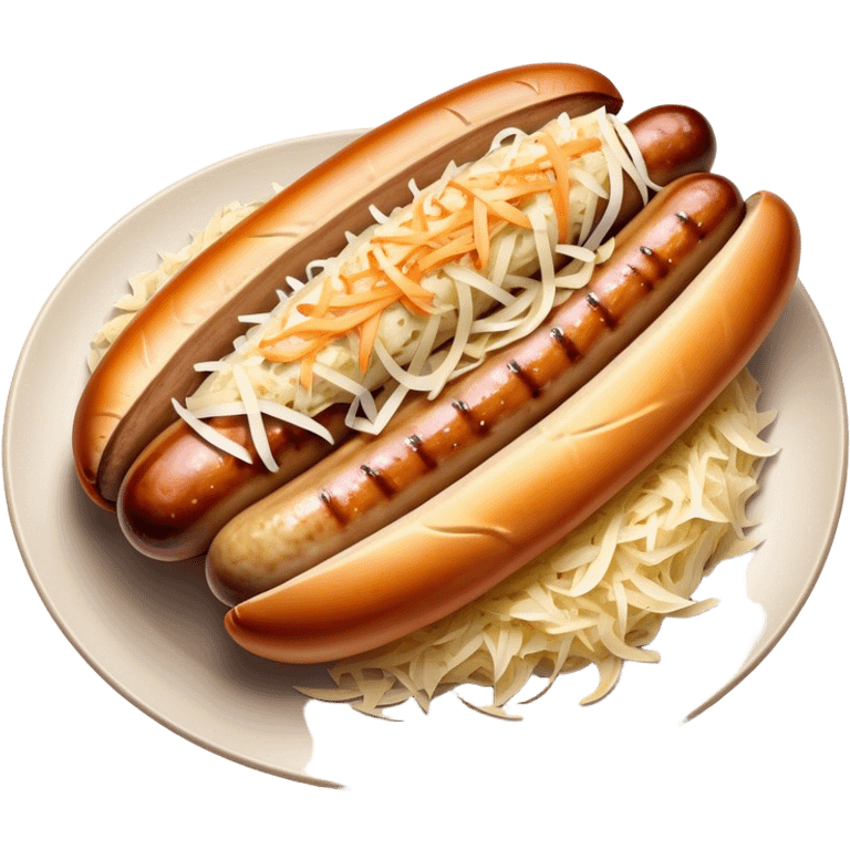 Bratwurst Cinematic Realistic Bratwurst Dish Emoji, depicted as a grilled bratwurst topped with a generous serving of shredded sauerkraut, rendered with rich textures and dynamic, appetizing lighting. emoji