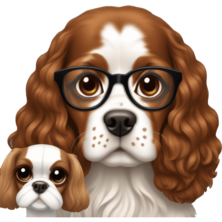 White girl with brown hair wearing glasses holds a king charles spaniel dog emoji