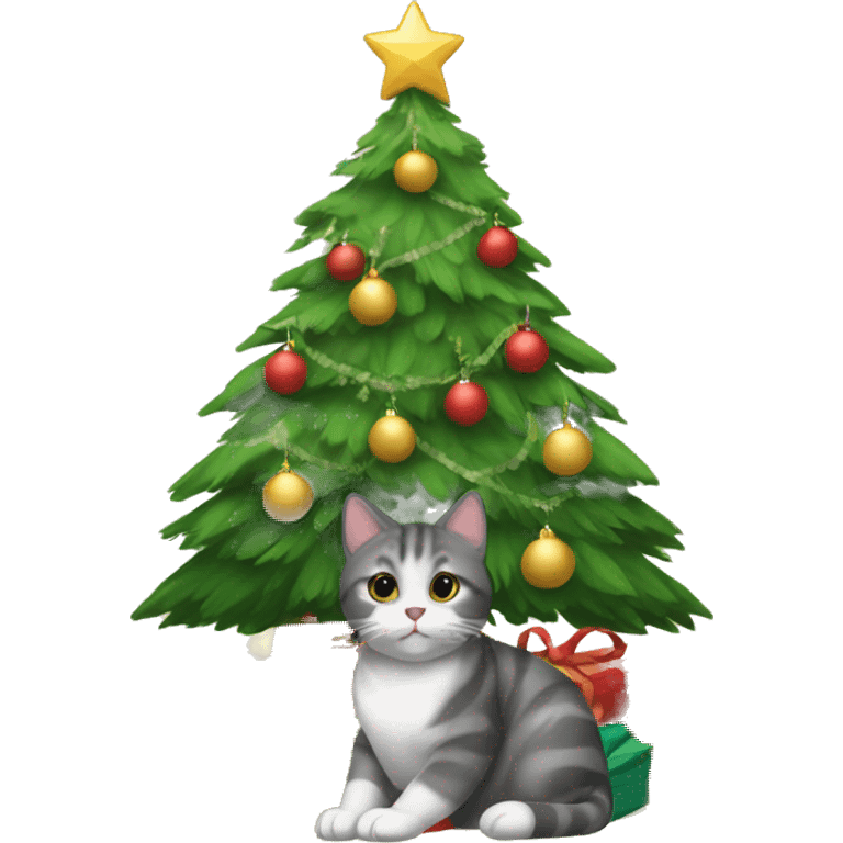 Cat sitting under a Christmas tree with presents under it emoji