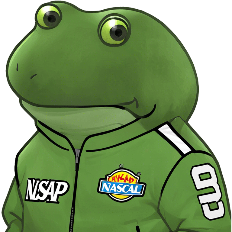 wearing a neon green nascar jacket that says "pump" emoji