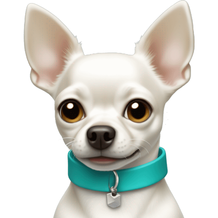 White Chihuahua with underbite wearing teal collar  emoji