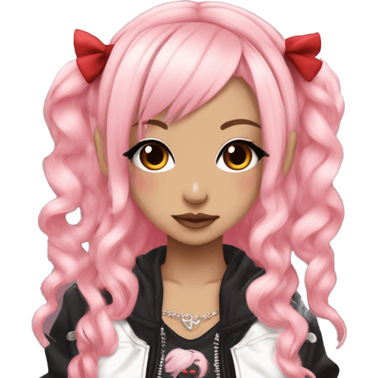 hime gyaru girl, light pink and red split-dyed hair, dark makeup, punk clothes emoji