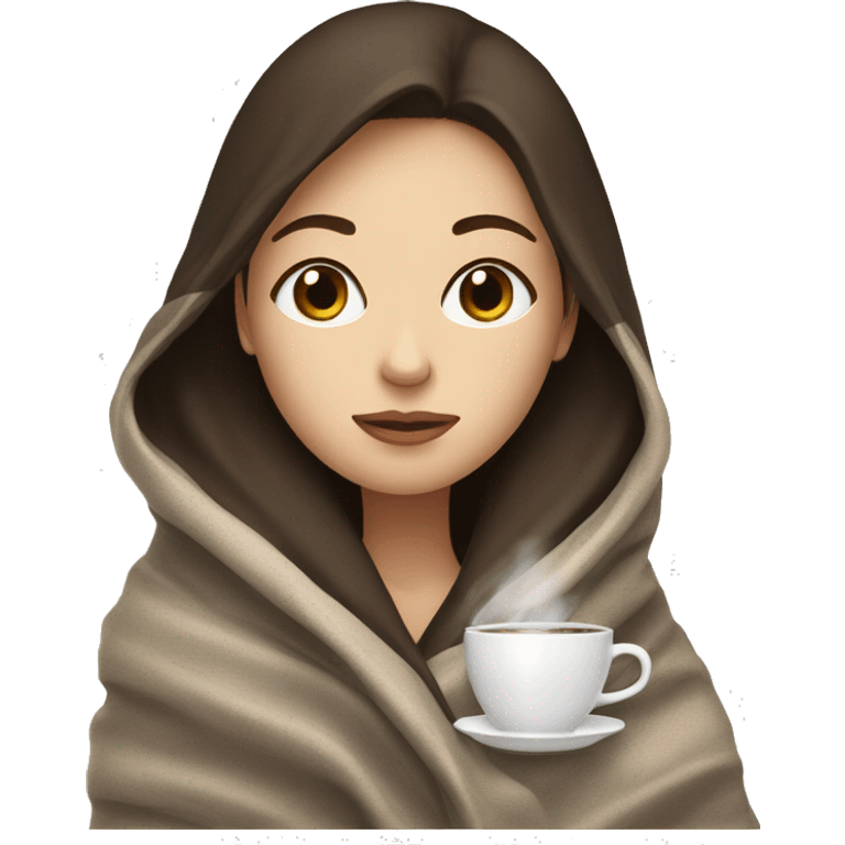 White girl with dark brown hair inside a blanket sipping coffee eyes closed emoji