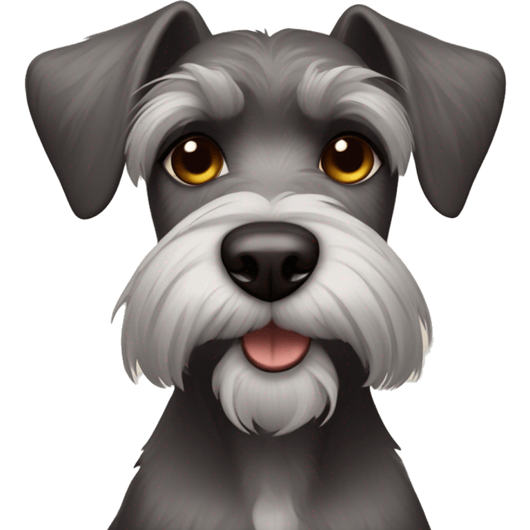 Schnauzer dog with cut ears, dark brown eyes and a plaque that says HUMA emoji