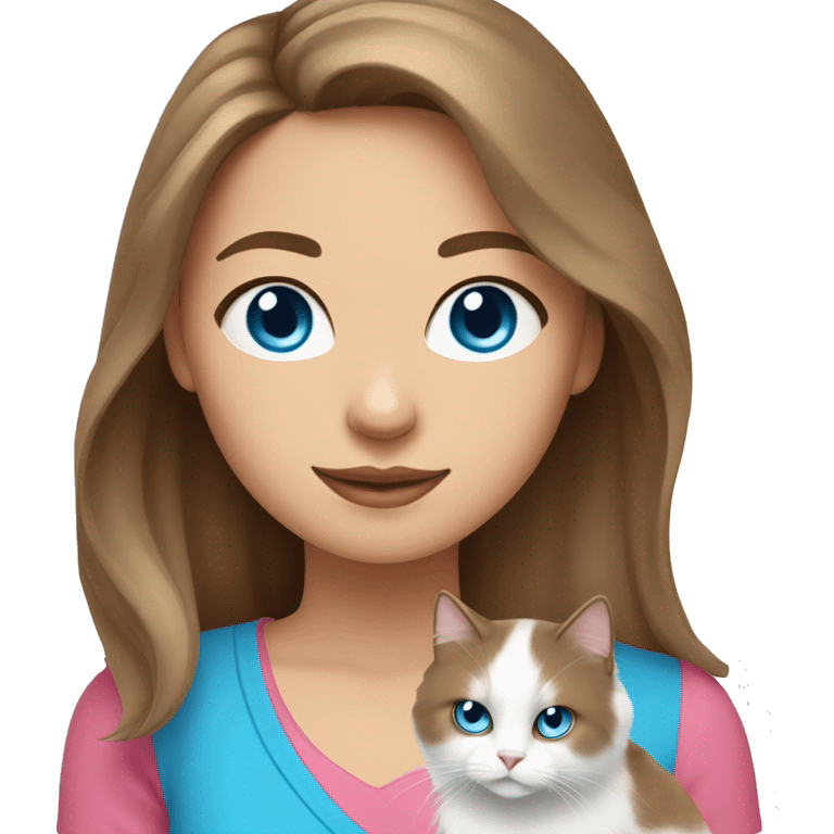 woman with long brown hair and pink shirt and holding a all white Siberian cat with blue eyes emoji