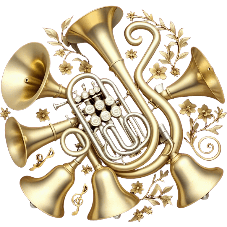 Create a festive and elegant emoji collage featuring a bouquet or fan of brass instrument bells (trumpets, saxophones, trombones, tubes, etc.) arranged in a radiant, symmetrical pattern. The instruments should have polished, golden and silver finishes, with their large, shiny bells forming a beautiful, fan-like display. Include a flowing ribbon of musical notes swirling through the center, conveying movement and melody. The background should feature a deep red velvet texture, adding a touch of luxury and sophistication. The overall composition should be balanced, with an elegant and regal feel, with a transparent background to keep focus on the instruments and musical elements. emoji