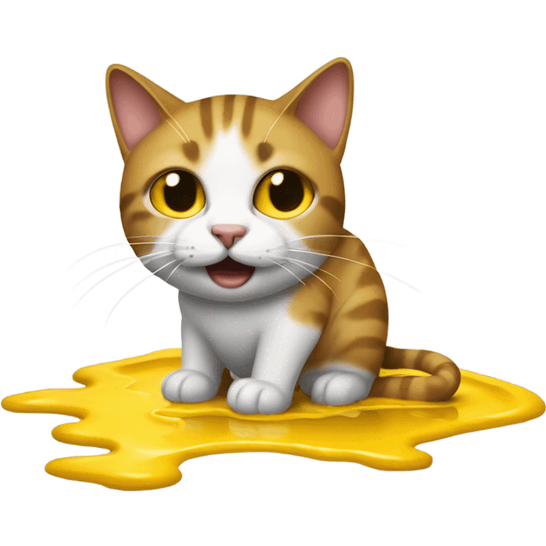 A cat with crutches slips on a puddle of mustard emoji