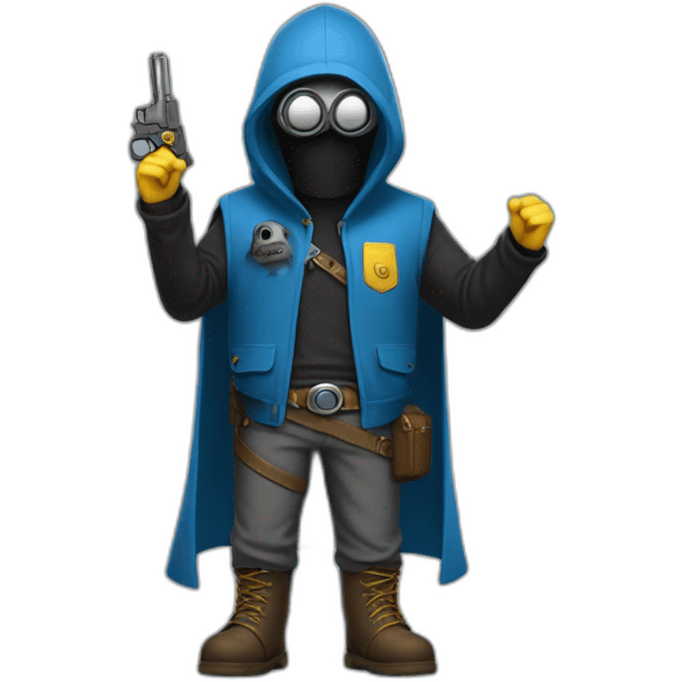 no face normal minion with minion glasses in hood in blue sleeveless shirt with with raised hands and pistols in each with a gold insert on the belt in gray pants and leather boots emoji