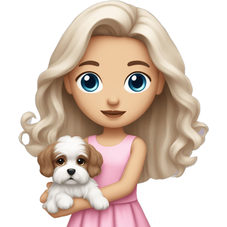 Brown long hair blue eyes girl with maltese puppy with pink dress emoji