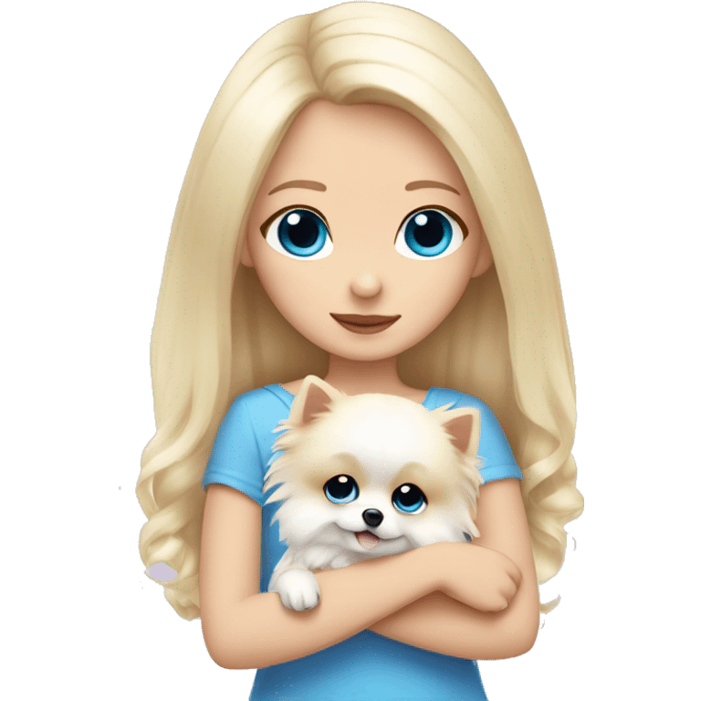 Blond girl white skin blue eyes hugging white Pomeranian with light pink bow emoji