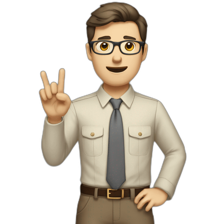 To belt Actively gesturing with hands Pale skinned fit man with dark brown hair in gray jacket, beige office shirt, brown tie, brown pants and vintage glasses. emoji