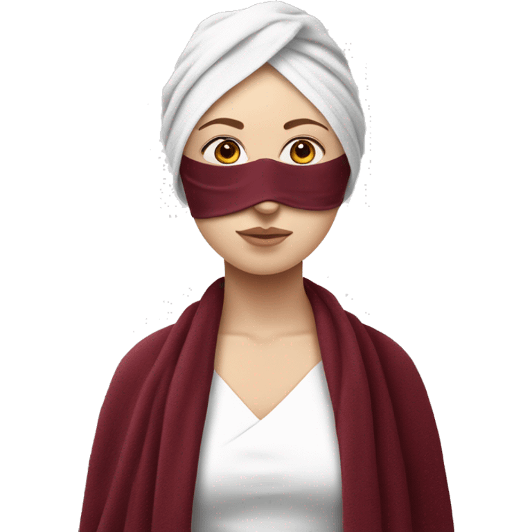 realistic white-skinned girl with a burgundy towel on her head and a white mask on her face emoji