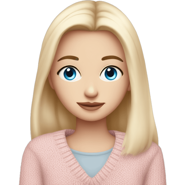 Pretty blue eyed white girl with light pink sweater reading cozy emoji